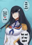  1girl absurdres bad_end black_hair blue_background blue_eyes breasts dress english_commentary english_text epaulettes frown hair_ornament hairclip highres junketsu kill_la_kill kiryuuin_satsuki long_hair looking_at_viewer medium_breasts my_little_pogchamp_(meme) silver_queen_(silverqueen0) solo speech_bubble thick_eyebrows twitter_username white_dress 