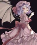  1girl :d absurdres bat_wings blurry dark_background depth_of_field dress fang feet_out_of_frame hat highres kani_nyan looking_at_viewer looking_back mob_cap open_mouth pink_dress purple_hair red_eyes remilia_scarlet short_hair simple_background skin_fang smile solo touhou wings 