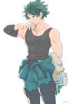  1boy bangs bare_shoulders black_sleeves black_tank_top bodysuit boku_no_hero_academia boots clothes_around_waist collarbone commentary_request cowboy_shot detached_sleeves freckles from_side gloves green_eyes green_hair grey_background male_focus midoriya_izuku pectorals pero_(pero56870578) scar_on_hand short_hair simple_background smile solo sweatdrop tank_top thigh-highs thigh_boots white_background 