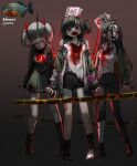  3girls black_background black_hair black_shirt black_shorts blood blood_on_face bloody_clothes book caution_tape cellphone collared_shirt earphones english_text full_body gradient gradient_background grey_hair grey_skirt hair_ribbon highres jacket keep_out long_hair long_sleeves looking_at_viewer medium_hair multiple_girls original personification phone piranha pleated_skirt print_shirt red_eyes red_ribbon ribbon rinotuna sharp_teeth shirt shoes short_hair short_twintails shorts side_ponytail single_shoe skirt smartphone socks standing stylus teeth twintails white_shirt 