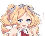  1girl blonde_hair blue_eyes close-up drill_hair headgear honolulu_(kancolle) kantai_collection red_neckwear shaka_sign sidelocks sleeveless solo tk8d32 translation_request twin_drills 