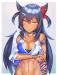  1girl animal_ears bikini black_hair blue_bikini blush breasts brown_eyes closed_mouth collarbone eyebrows_visible_through_hair fang hair_between_eyes highres hishi_amazon_(umamusume) horse_ears horse_girl large_breasts long_hair navel silly_(marinkomoe) skin_fang solo swimsuit two-tone_bikini umamusume upper_body white_bikini 