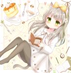  1girl absurdres animal_ear_fluff animal_ears book bow cat_ears cat_girl cat_tail clock cookie cup dress food fork green_eyes grey_legwear hair_bow hairband highres holding holding_book imagining knife light_brown_hair long_hair mike_mochi original pantyhose pencil sweets syrup tail teacup white_dress 