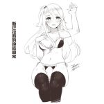 1girl blush breasts character_request commentary dated ejami greyscale long_hair looking_at_viewer monochrome navel open_mouth signature simple_background solo swimsuit thigh-highs white_background 
