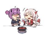  2girls arknights bead_bracelet beads black_shirt blush_stickers bowl bracelet chibi chinese_commentary chopsticks closed_eyes crying cup demon_horns dragon_girl dragon_horns dragon_tail eating fang flush glass holding holding_bowl holding_chopsticks holding_cup horns hotpot jacket jewelry lava_(arknights) mabing multicolored_hair multiple_girls nian_(arknights) open_mouth pointy_ears ponytail red_bandeau redhead shirt short_hair short_twintails simple_background skin_fang spicy streaked_hair tail tail-tip_fire tooth_necklace twintails upper_body v-shaped_eyebrows white_background white_hair white_jacket 