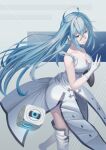  1girl ass bare_shoulders blue_eyes blue_hair boots dress floating_hair flyaspring4 gloves highres long_dress long_hair looking_away matsumoto_(vivy) sleeveless sleeveless_dress thighs very_long_hair vivy vivy:_fluorite_eye&#039;s_song white_dress white_footwear white_gloves 