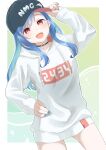  1girl :d bangs baseball_cap black_choker black_headwear blue_nails brown_eyes choker earrings fang flat_chest hair_behind_ear hand_on_headwear hand_on_hip hat head_tilt highres hood hoodie jewelry nana72710193 nijisanji nishizono_chigusa no_pants open_mouth skin_fang smile solo virtual_youtuber white_hoodie 