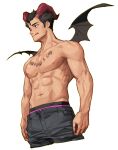  1boy abs biceps black_hair black_pants black_wings cowboy_shot cropped_legs english_text highres horns licking_lips male_focus muscular muscular_male original pants pectorals red_horns rinotuna shadow shirtless short_hair simple_background solo tongue tongue_out veiny_arms white_background wings 