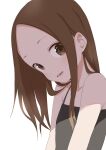  1girl :d absurdres bangs bare_shoulders black_camisole brown_eyes brown_hair camisole collarbone commentary_request forehead highres karakai_jouzu_no_takagi-san long_hair looking_at_viewer official_art open_mouth parted_bangs simple_background smile solo takagi-san upper_body white_background yamamoto_souichirou 