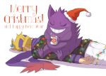  1boy blonde_hair christmas christmas_lights closed_eyes commentary cup face_down fur-trimmed_headwear gen_1_pokemon gengar grin gym_leader happy_new_year hat hatted_pokemon headband highres holding holding_cup long_sleeves lying male_focus merry_christmas morty_(pokemon) natalia_baldina new_year on_stomach pants poke_ball_print pokemon pokemon_(creature) pokemon_(game) pokemon_hgss purple_headband purple_scarf red_headwear santa_hat scarf short_hair sitting sitting_on_person smile steam tea teeth white_pants 
