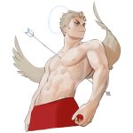  1boy abs angel_wings arrow_(projectile) biceps blonde_hair blue_eyes feathered_wings halo highres impaled male_focus nipples original pectorals rinotuna shirtless short_hair simple_background solo white_background wings 
