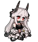  1girl arknights banbon black_shirt chibi coat demon_horns ear_piercing hair_between_eyes horns infection_monitor_(arknights) long_hair mudrock_(arknights) off_shoulder oripathy_lesion_(arknights) piercing pointy_ears red_eyes shirt silver_hair smile tank_top upper_body white_background white_coat 