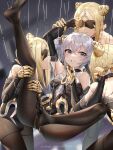  4girls android arm_up bangs black_gloves black_legwear black_leotard blonde_hair blush breasts bronya_zaychik chinese_commentary clenched_teeth closed_mouth commentary_request crossed_bangs drill_hair elbow_gloves eye_mask eyebrows_visible_through_hair facing_another full_body ginklaga gloves grey_eyes hair_between_eyes hand_on_another&#039;s_chin hand_up holding_another&#039;s_arm holding_another&#039;s_leg honkai_(series) honkai_impact_3rd leotard looking_at_another medium_breasts multiple_girls no_shoes pantyhose parted_bangs restrained silver_hair smile teeth 