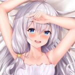  1girl :d absurdres armpits arms_up bangs blue_eyes blush collarbone dakimakura_(medium) elaina_(majo_no_tabitabi) eyebrows_visible_through_hair from_below hair_between_eyes highres kulayueyue long_hair looking_at_viewer lying majo_no_tabitabi on_back open_mouth portrait shiny shiny_hair silver_hair sleeveless smile solo spaghetti_strap 