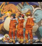  3boys ash_ketchum baseball_cap beanie black_hair blastoise blue_eyes boots breath brown_eyes brown_footwear brown_hair charizard claws closed_mouth clothed_pokemon coffee-break commentary_request expedition_uniform fire fur-trimmed_jacket fur_trim gary_oak gen_1_pokemon gen_8_pokemon gloves goggles goh_(pokemon) grookey hand_in_pocket hat highres holding holding_poke_ball jacket long_sleeves male_focus multiple_boys orange_jacket orange_pants pants poke_ball poke_ball_(basic) pokemon pokemon_(anime) pokemon_swsh_(anime) smile snowing spiky_hair standing starter_pokemon 