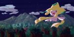  :d brown_eyes clouds commentary_request flying gen_3_pokemon highres jirachi mountainous_horizon mythical_pokemon night no_humans open_mouth outdoors outstretched_arms pn_(ltpn_257) pokemon pokemon_(creature) signature sky smile solo sparkle star_(sky) tongue 