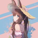  1girl amiya_(arknights) animal_ears arknights bangs bare_shoulders blue_eyes blush brown_hair caisena commentary_request hat long_hair looking_at_viewer off-shoulder_shirt off_shoulder partial_commentary pink_shirt puffy_short_sleeves puffy_sleeves rabbit_ears shirt short_sleeves smile solo sun_hat upper_body 