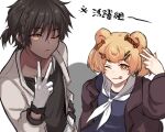  1boy 1girl animal_ears arknights bear_ears black_hair black_shirt blonde_hair blue_dress braid brown_jacket candy_hair_ornament chinese_text commentary dark-skinned_male dark_skin dress ear_piercing food-themed_hair_ornament gloves gummy_(arknights) hair_ornament hairclip hand_up jacket mabing one_eye_closed open_clothes open_jacket piercing sailor_collar sailor_dress shirt short_hair simple_background thorns_(arknights) tongue tongue_out upper_body v white_background white_gloves white_sailor_collar yellow_eyes yellow_nails 