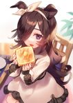  1girl animal_ears bow brown_hair butter casual chair commentary_request dress eating food from_above hair_bow hair_over_one_eye horse_ears horse_girl long_hair long_sleeves looking_at_viewer open_mouth rice_shower_(umamusume) sa9no sitting solo toast umamusume violet_eyes white_dress 