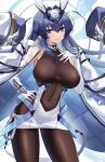  1girl absurdres animal_ears azur_lane bangs bare_shoulders black_legwear blue_eyes blue_hair bodystocking breasts detached_sleeves dress elbow_gloves eternity_(shadeh) gloves halterneck hand_on_hip hand_on_own_chest headgear highres jacket jacket_on_shoulders large_breasts looking_at_viewer looking_to_the_side new_jersey_(azur_lane) pantyhose skin_tight skindentation smile 