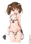  1girl animal_ears animal_print bikini blush breasts brown_eyes brown_hair collarbone cow_ears cow_horns cow_print cow_tail ebifurya eyebrows_visible_through_hair groin highres horns kantai_collection long_hair looking_at_viewer open_mouth ryuujou_(kancolle) simple_background small_breasts solo swimsuit tail twintails twitter_username white_background white_bikini 
