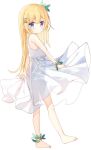  1girl bangs bare_arms bare_shoulders barefoot blonde_hair blue_eyes blush closed_mouth commentary_request dress eyebrows_visible_through_hair flower_girl_(yuuhagi_(amaretto-no-natsu)) full_body hair_between_eyes hair_ornament hairclip long_hair looking_at_viewer looking_to_the_side one_side_up original pleated_dress see-through_silhouette simple_background sleeveless sleeveless_dress smile solo very_long_hair white_background white_dress x_hair_ornament yuuhagi_(amaretto-no-natsu) 