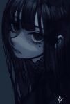  1girl afternooners bangs black_hair blunt_bangs greyscale highres long_hair looking_at_viewer mole mole_under_eye monochrome original parted_lips signature solo upper_body 