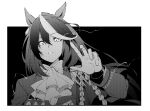  1girl animal_ears black_background cravat gloves glowing glowing_eyes greyscale highres horse_ears long_hair medal monochrome symboli_rudolf_(umamusume) tsukamoto_minori umamusume 