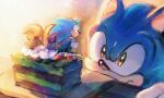  2boys absurdres animal_ears animal_nose anniversary black_hair commentary_request dual_persona eye_contact furry gloves green_eyes highres looking_at_another miniboy multiple_boys poroi_(poro586) shoes sneakers sonic_(series) sonic_the_hedgehog white_gloves 