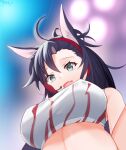  1girl ahoge animal_ears arknights black_hair blaze_(arknights) blaze_(burst_feline)_(arknights) blue_eyes breasts cat_ears chinese_commentary commentary_request crop_top english_commentary fang from_below headset implied_extra_ears large_breasts lingshalan long_hair looking_at_viewer mixed-language_commentary official_alternate_costume open_mouth shirt skin_fang solo upper_body white_shirt 