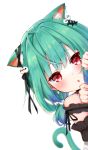  1girl animal_ear_fluff animal_ears bangs blue_hair blush cat_ears cat_girl cat_tail ear_ribbon earrings eyebrows_visible_through_hair gradient_hair green_hair hair_ornament hair_ribbon highres hololive jewelry kohe_billialot looking_at_viewer multicolored_hair open_mouth peeking_out red_eyes ribbon short_hair skull_earrings skull_hair_ornament solo tail uruha_rushia virtual_youtuber white_background 