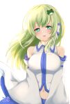  1girl bangs blue_skirt blush breasts collared_shirt detached_sleeves eyebrows_visible_through_hair frog_hair_ornament green_eyes green_hair hair_between_eyes hair_ornament hair_tubes highres kochiya_sanae large_breasts long_hair looking_at_viewer navel nontraditional_miko open_mouth shirt signature simple_background skirt sleeveless sleeveless_shirt smile snake_hair_ornament solo touhou upper_body usaka_ray white_background white_shirt 