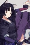  1girl animal_ears arknights black_hair brown_eyes coldcat. commentary dog_ears fingerless_gloves forehead gloves grey_background highres hip_vent infection_monitor_(arknights) japanese_clothes knees_up looking_at_viewer open_mouth pants purple_pants purple_shirt saga_(arknights) sandals shirt solo white_legwear wristband 