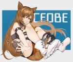  1girl animal_ears arknights armband black_collar black_shirt black_shorts boots brown_eyes brown_hair ceobe_(arknights) ceobe_(summer_flowers)_(arknights) character_name collar commentary dog_ears dog_girl dog_tail full_body highres knees_up long_hair looking_at_viewer official_alternate_costume outstretched_hand shirt shorts smile solo symbol_commentary tail tamako_(tmc_dr) white_footwear 