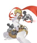  1girl absurdres aegis_(persona) android blonde_hair blue_eyes breasts english_commentary eyebrows_visible_through_hair finger_gun hand_on_own_thigh highres joints liren44 magazine_(weapon) medium_breasts persona persona_3 reaching_out robot_joints short_hair solo white_background 