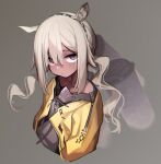  1girl absurdres animal_ears arknights beudelb black_shirt commentary cropped_torso dark-skinned_female dark_skin grey_background grey_hair highres jacket korean_commentary long_hair looking_at_viewer mask mask_around_neck open_clothes open_jacket shirt simple_background solo tuye_(arknights) twintails upper_body violet_eyes yellow_jacket zebra_ears 
