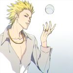  1boy ball baseball blonde_hair collared_shirt dress_shirt fingernails hand_up jewelry looking_at_viewer male_focus necklace one_outs ring shirt sic77 smile solo spiky_hair tokuchi_toua white_shirt 