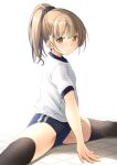  1girl black_legwear blue_buruma brown_eyes brown_hair buruma commentary_request gym_shirt gym_uniform highres long_hair looking_at_viewer original ponytail shibacha shirt simple_background sitting smile solo split t-shirt thigh-highs tile_floor tiles white_background white_shirt 