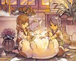  2girls bangs blunt_bangs brush bubble bucket cat fatter_cat_(ff14) final_fantasy final_fantasy_xiv flower lalafell lying multiple_girls n122425 on_back plant pointy_ears soap soap_bubbles vase washing 