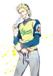  1boy bandaid baseball_cap baseball_jersey baseball_uniform belt blonde_hair cowboy_shot cuts dirty dirty_clothes hat highres injury long_sleeves looking_at_viewer male_focus male_underwear mouth_hold one_outs open_pants pants sic77 solo spiky_hair sportswear tokuchi_toua underwear white_pants 
