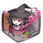  1girl :d absurdres bangs barefoot black_cape black_hair black_headwear black_skirt blue_eyes blush book bookshelf bow cape chibi collared_shirt commentary_request dress_shirt eyebrows_visible_through_hair grey_shirt hat heterochromia highres holding holding_staff long_hair long_sleeves looking_at_viewer magic_circle open_mouth orb original red_bow shirt simple_background skirt smile solo staff stairs standing stone_stairs very_long_hair violet_eyes white_background wide_sleeves witch witch_hat yuuji_(yukimimi) 