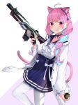  1girl :q absurdres ahoge anchor_hair_ornament animal_ears assault_rifle blue_hair blush bow braid byoko_(byokoramen) cat_ears cat_girl cat_tail choker colored_inner_hair explosive eyebrows_visible_through_hair french_braid frilled_shirt_collar frills grenade gun hair_ornament high-waist_skirt highres hololive huge_filesize long_hair long_sleeves minato_aqua multicolored_hair pantyhose pleated_skirt purple_hair ribbon ribbon_choker rifle sailor_collar school_uniform serafuku shirt simple_background skirt sleeves_past_wrists solo suspender_skirt suspenders tail tongue tongue_out twin_braids two-tone_hair underbust violet_eyes virtual_youtuber weapon white_background white_legwear white_shirt 