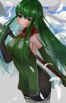  1girl absurdres bangs bare_shoulders blue_sky blush breasts chil0107 closed_mouth clouds elbow_gloves feathers fire_emblem fire_emblem:_mystery_of_the_emblem fire_emblem:_shadow_dragon_and_the_blade_of_light gloves green_eyes green_hair hair_between_eyes headband highres holding holding_weapon long_hair palla_(fire_emblem) red_scarf scarf sky sleeveless solo very_long_hair weapon white_headband 