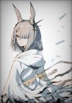  1girl animal_ear_fluff animal_ears arknights armband coat commentary frostnova_(arknights) grey_eyes grey_hair hair_over_one_eye hakoiriniwaka highres hood hood_down long_hair looking_at_viewer looking_back rabbit_ears ribbon scar scar_on_face scar_on_nose smile solo upper_body white_background white_coat yellow_ribbon 