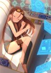  1girl aviator_sunglasses barefoot belt blush brown_hair closed_eyes commentary_request commission feet goggles grey_shirt hair_between_eyes highres long_hair lying nc731 on_side original pouch science_fiction shirt short_shorts shorts sidelocks single_thighhigh sleeping solo sunglasses thigh-highs thigh_strap thighs 