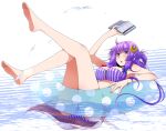  1girl arm_up bangs bikini blue_bow book bow bra breasts crescent crescent_hair_ornament eichi_yuu eyebrows_visible_through_hair hair_bow hair_ornament hand_up legs_up long_hair looking_at_viewer lying medium_breasts open_book open_mouth panties patchouli_knowledge purple_bikini purple_bra purple_hair purple_panties red_bow solo swimsuit touhou underwear violet_eyes water 