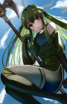  1girl absurdres bangs bare_shoulders blue_sky blush breasts chil0107 clouds elbow_gloves fire_emblem fire_emblem:_mystery_of_the_emblem fire_emblem:_shadow_dragon_and_the_blade_of_light gloves green_eyes green_hair hair_between_eyes headband highres long_hair open_mouth palla_(fire_emblem) red_scarf scarf sky sleeveless solo very_long_hair weapon white_headband 