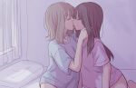  2girls absurdres bedroom betock blue_shirt brown_hair closed_eyes commentary_request curtains eyebrows_visible_through_hair french_kiss hand_in_another&#039;s_hair highres indoors kiss light_brown_hair long_hair medium_hair multiple_girls on_bed open_mouth original pillow pink_shirt shirt sitting t-shirt yuri 