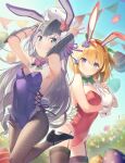  2girls absurdres animal_ears animal_on_head armpits bangs black_footwear blonde_hair blue_eyes breasts bunny_on_head character_request closed_mouth covered_navel day easter_egg egg eucliwood_hellscythe eyebrows_visible_through_hair fake_animal_ears garter_straps grey_legwear hair_between_eyes hair_ribbon hairband headpiece highres kore_wa_zombie_desu_ka? large_breasts leg_up leotard long_hair looking_at_viewer multiple_girls on_head open_mouth outdoors pantyhose purple_leotard purple_ribbon rabbit rabbit_ears red_hairband red_leotard ribbon rokudenashi_majutsu_koushi_to_akashic_record rumia_tingel shiny shiny_hair silver_hair small_breasts smile strapless strapless_leotard thigh-highs very_long_hair 