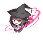  1girl :d absurdres bangs barefoot black_cape black_hair black_headwear black_skirt blush bow cape chibi collared_shirt dress_shirt eyebrows_visible_through_hair grey_shirt hat highres holding holding_staff long_hair long_sleeves looking_at_viewer open_mouth original red_bow shirt simple_background skirt smile solo staff standing very_long_hair violet_eyes white_background wide_sleeves witch witch_hat yuuji_(yukimimi) 